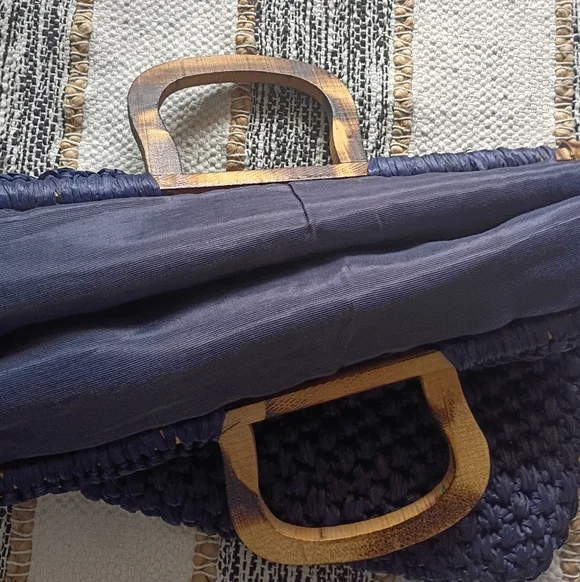 Walborg Made In Italy Woven Tote with Wood Handles Vintage - Picture 3 of 10